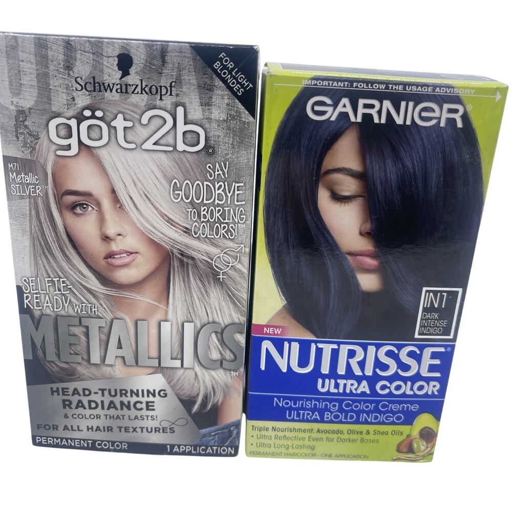 Garnier Nutrisse IN1 Dark Intense Indigo & got2b Metallic Silver Hair Dye Lot 2